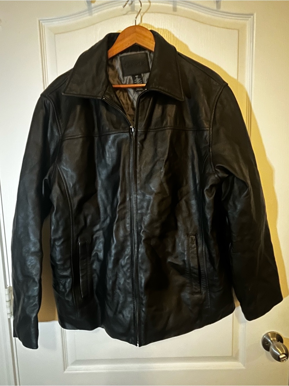 Black Leather Bomber Jacket by George